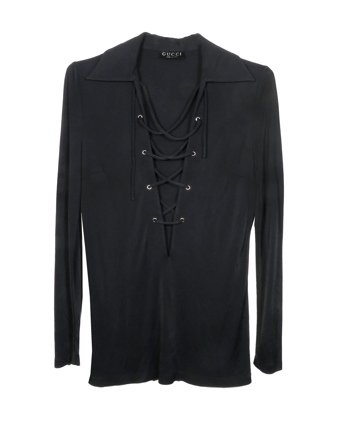 Black long-sleeve top with lace-up details on a white background