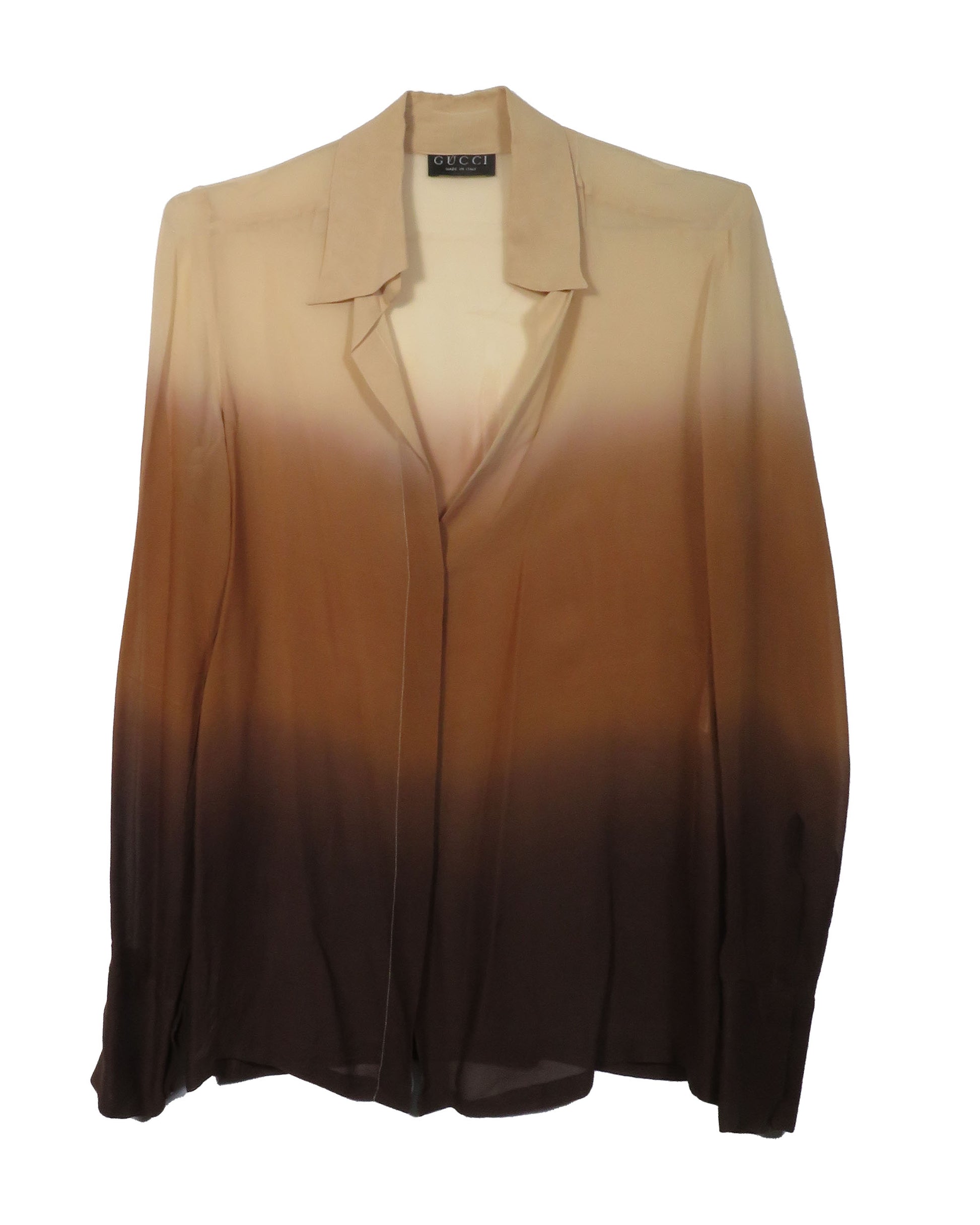 Brown and beige gradient blouse with Ralph Lauren label on a white background