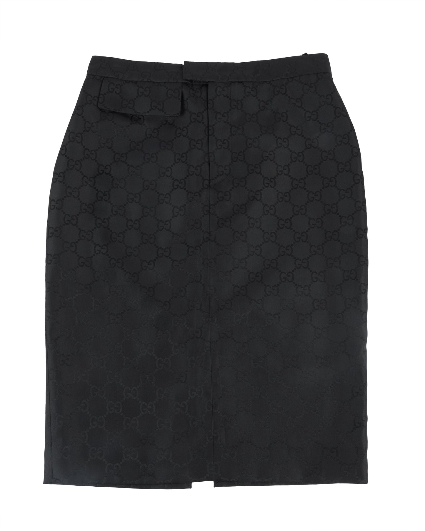 A black Gucci pencil skirt with an all-over tonal GG monogram jacquard pattern, featuring a structured silhouette and a back vent for movement.