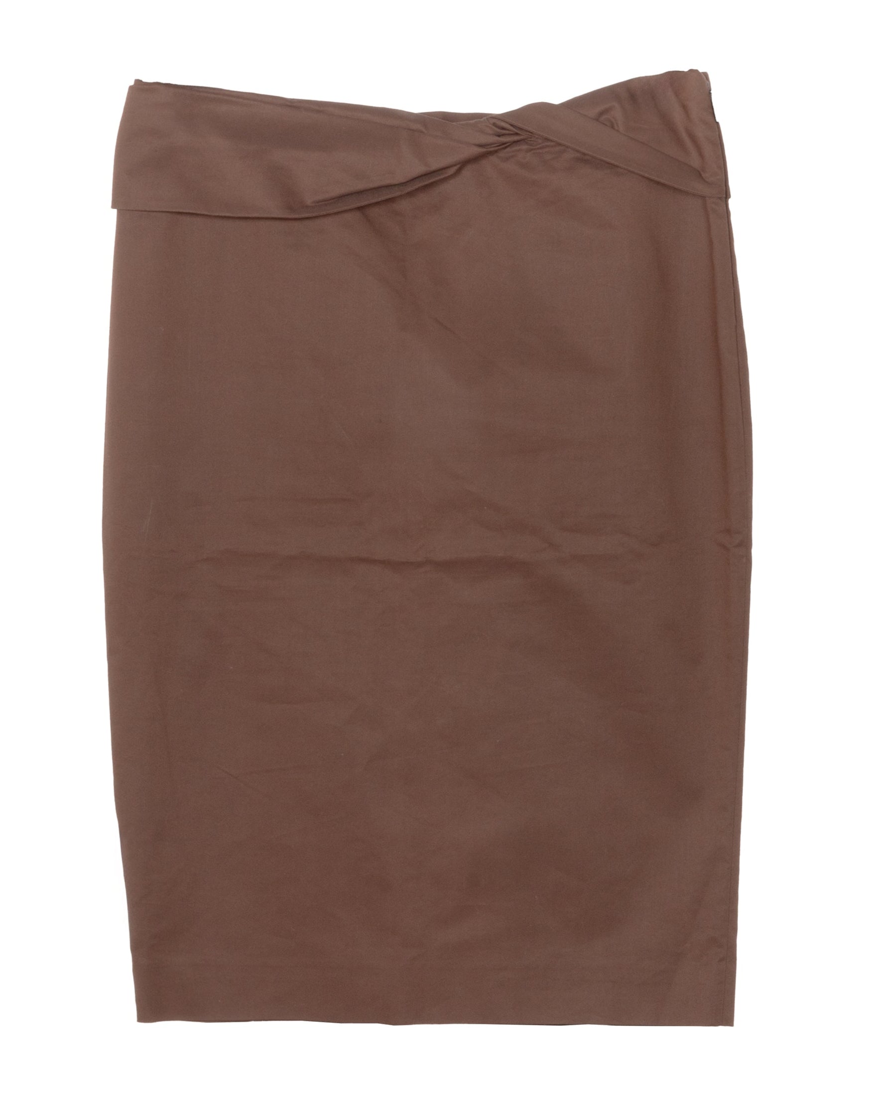 A mid-rise, brown pencil skirt with an asymmetric twist-waist detail and a single back vent, from the Gucci Spring Summer 2004 collection.