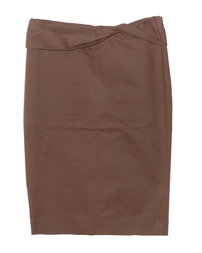 A mid-rise, brown pencil skirt with an asymmetric twist-waist detail and a single back vent, from the Gucci Spring Summer 2004 collection.