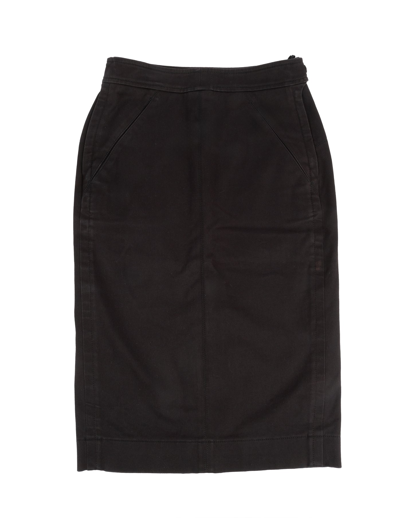 A black riding-inspired pencil skirt with front and back panels, side pockets, and adjustable buttoned tabs at the waistband.