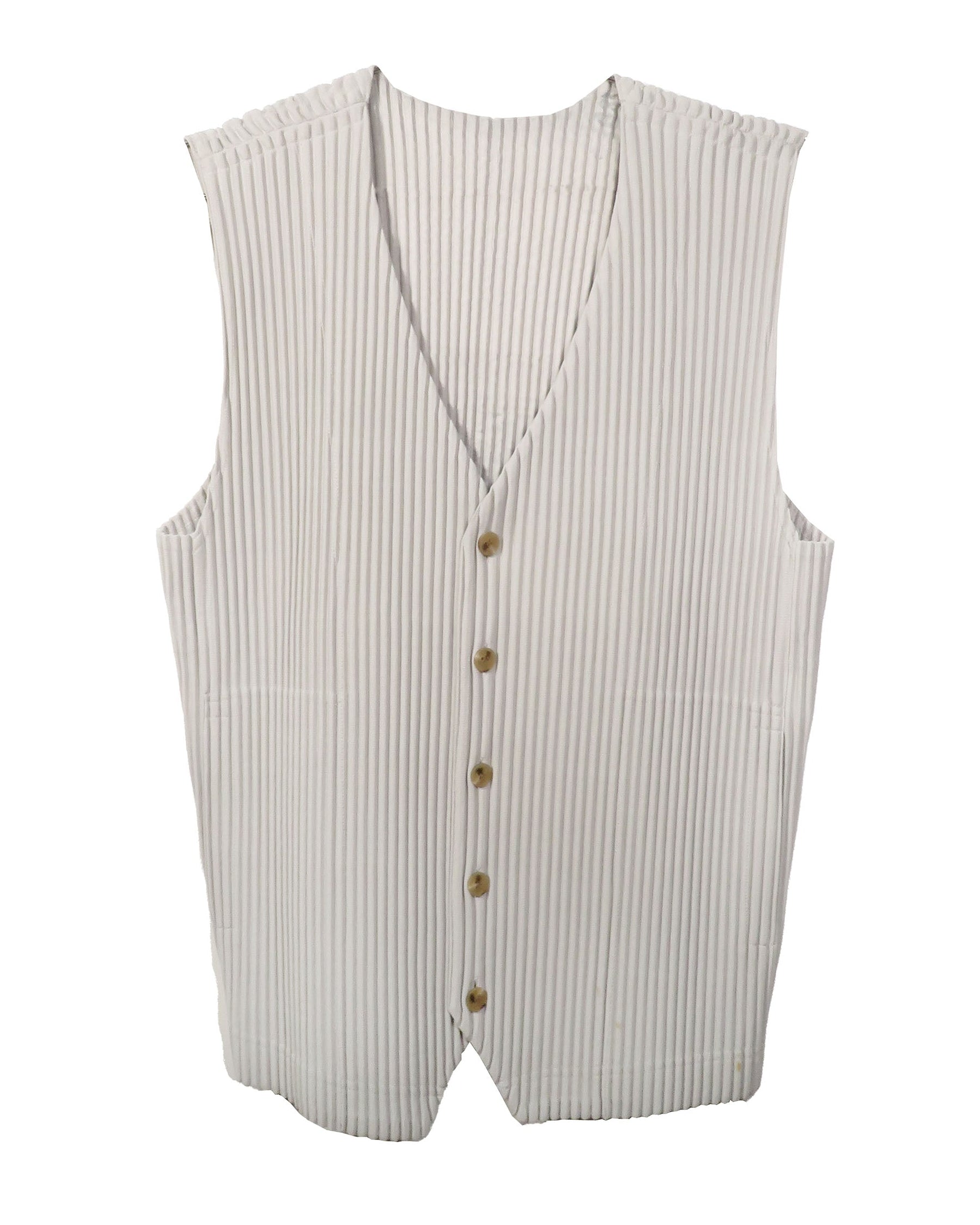 Striped vest with buttons on a white background Homme Plissé Issey Miyake Grey Pleated Vest - vothe archive - curated designer vintage
