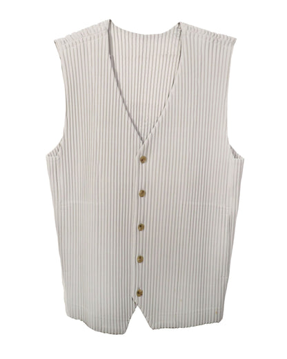 Striped vest with buttons on a white background Homme Plissé Issey Miyake Grey Pleated Vest - vothe archive - curated designer vintage