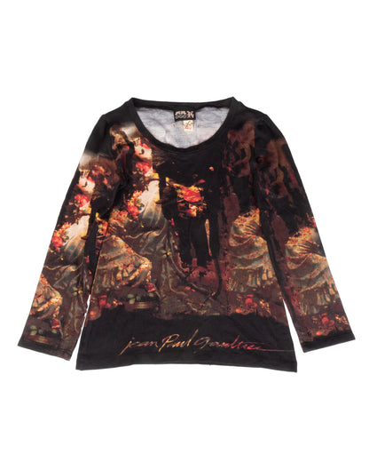 Long-sleeve top with a painterly print in red, orange, and black, featuring a crew neckline and a fitted silhouette.