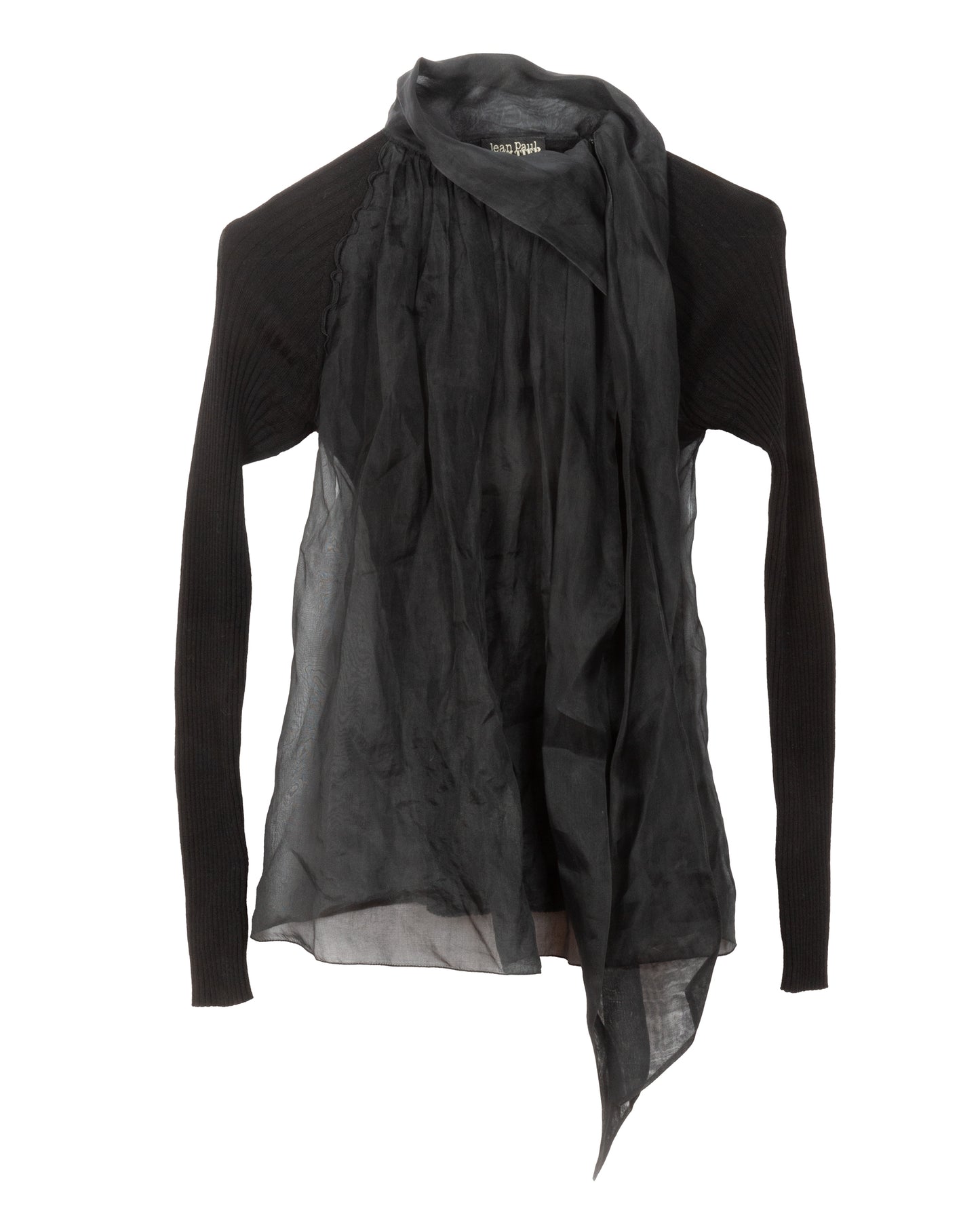Black ribbed knit long sleeve top with an integrated sheer overlay and asymmetric scarf-like silhouette