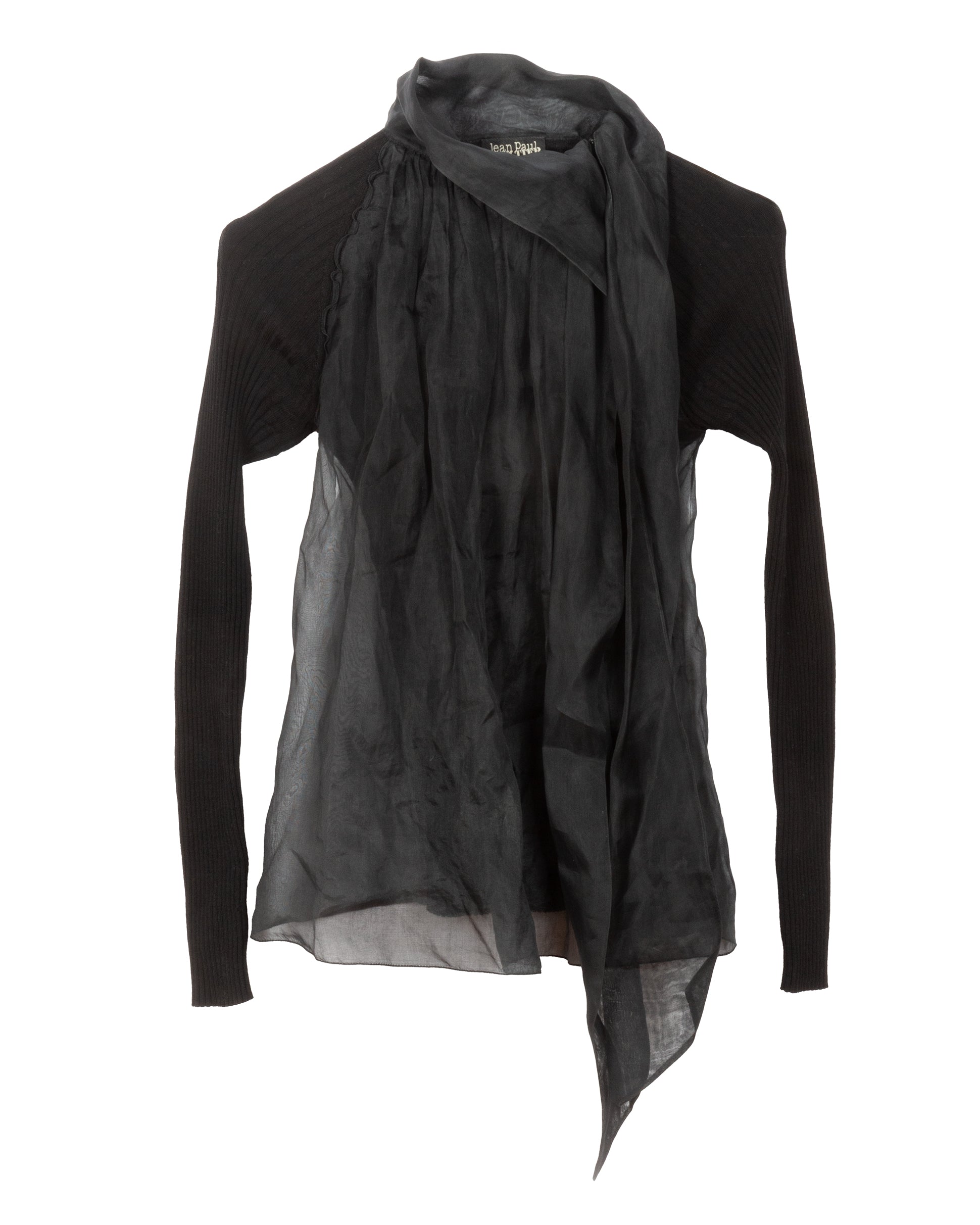 Black ribbed knit long sleeve top with an integrated sheer overlay and asymmetric scarf-like silhouette