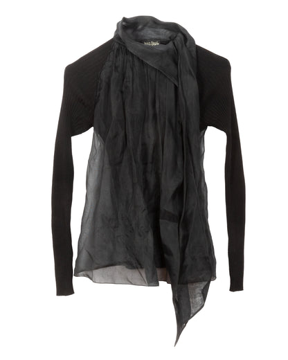 Black ribbed knit long sleeve top with an integrated sheer overlay and asymmetric scarf-like silhouette