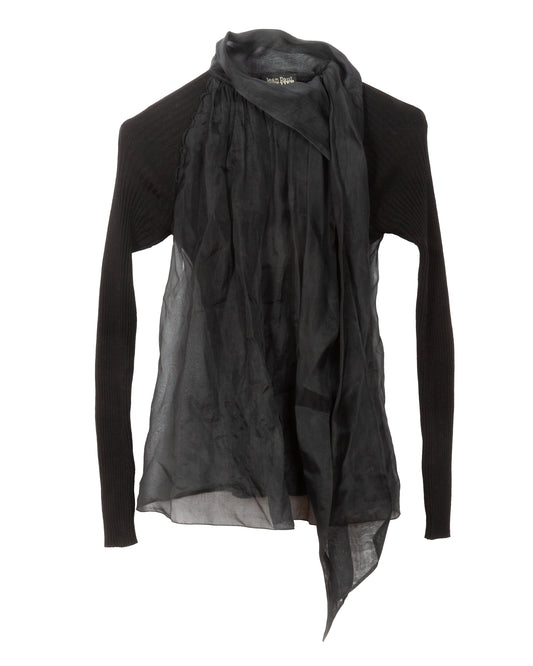 Black ribbed knit long sleeve top with an integrated sheer overlay and asymmetric scarf-like silhouette