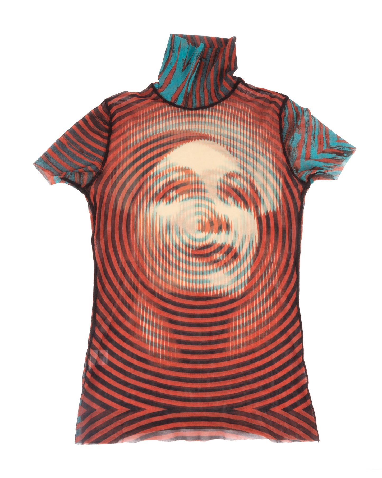 A short sleeve mesh top with a swirl portrait graphic in vivid orange and blue.