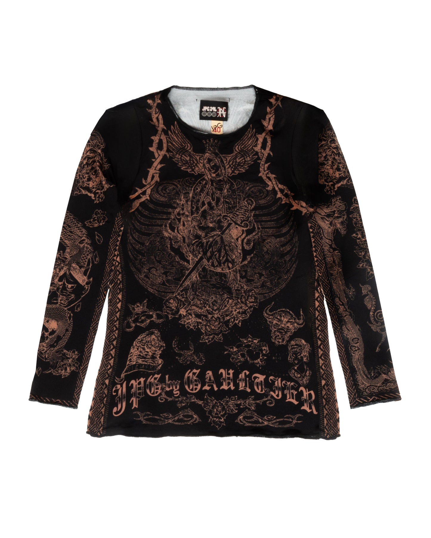 A long-sleeve black top with intricate tattoo-inspired prints, featuring the Virgin of Guadalupe and Jesus motifs.