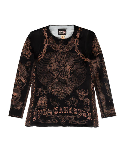 A long-sleeve black top with intricate tattoo-inspired prints, featuring the Virgin of Guadalupe and Jesus motifs.