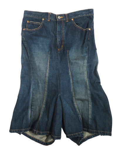 Blue denim shorts on a white background