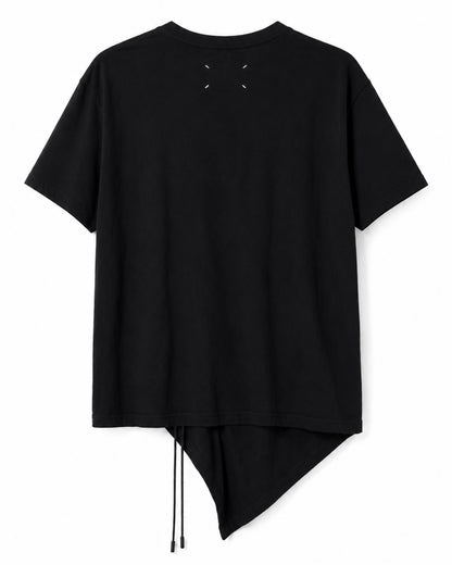 Black t-shirt with an asymmetrical hem on a white background