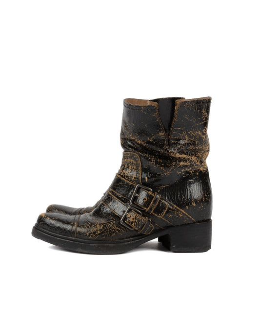 Miu Miu Crackle Leather Combat Boots - vothe archive - curated designer vintage
