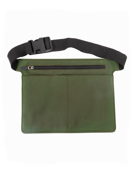 A green nylon waist bag with a black adjustable strap and a zippered compartment, featuring an embossed Miu Miu logo.