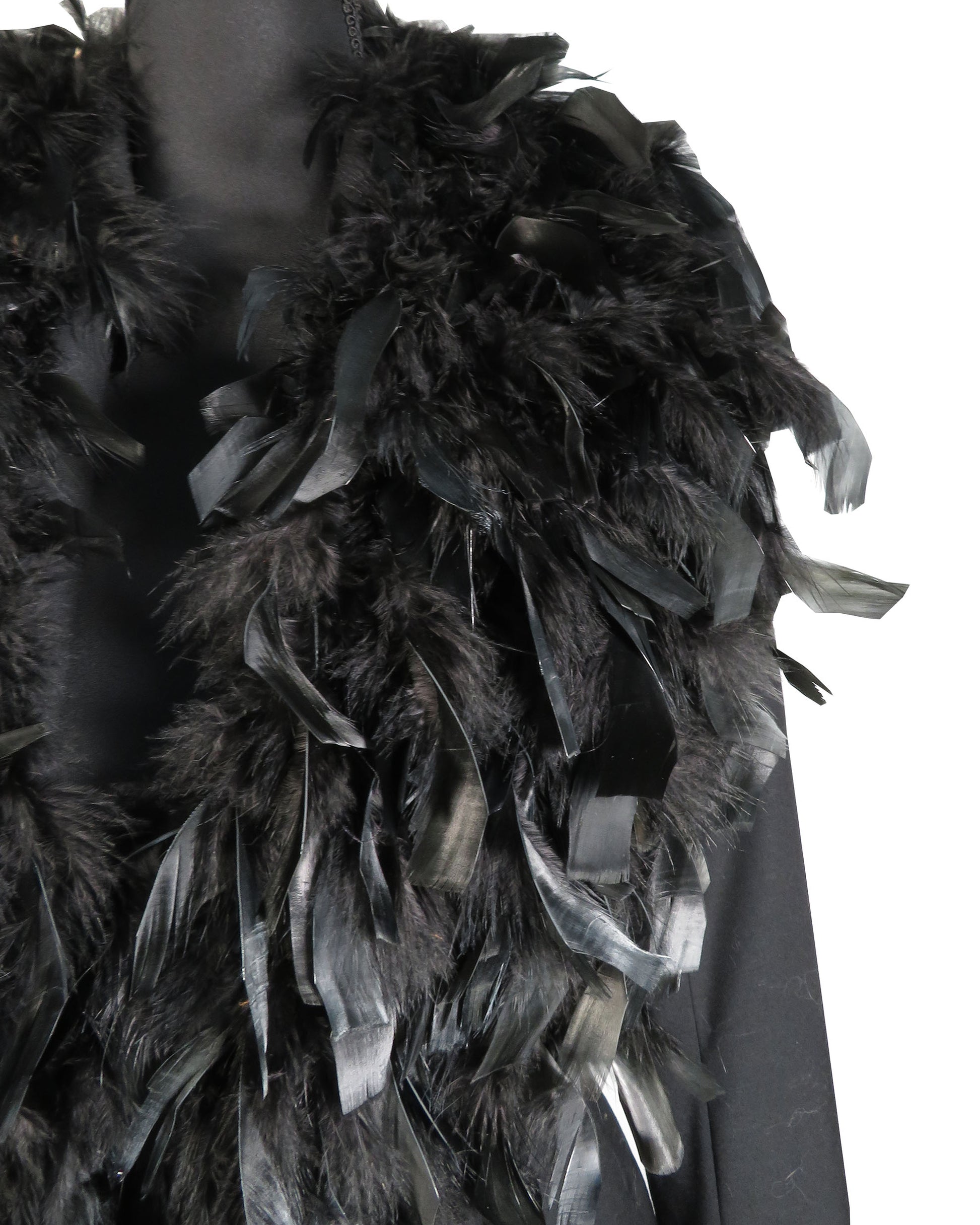 Close-up of a black feathered garment on a white background