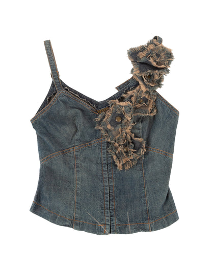 Plein Sud Distressed Denim Floral Corset Top - vothe archive - curated designer vintage
