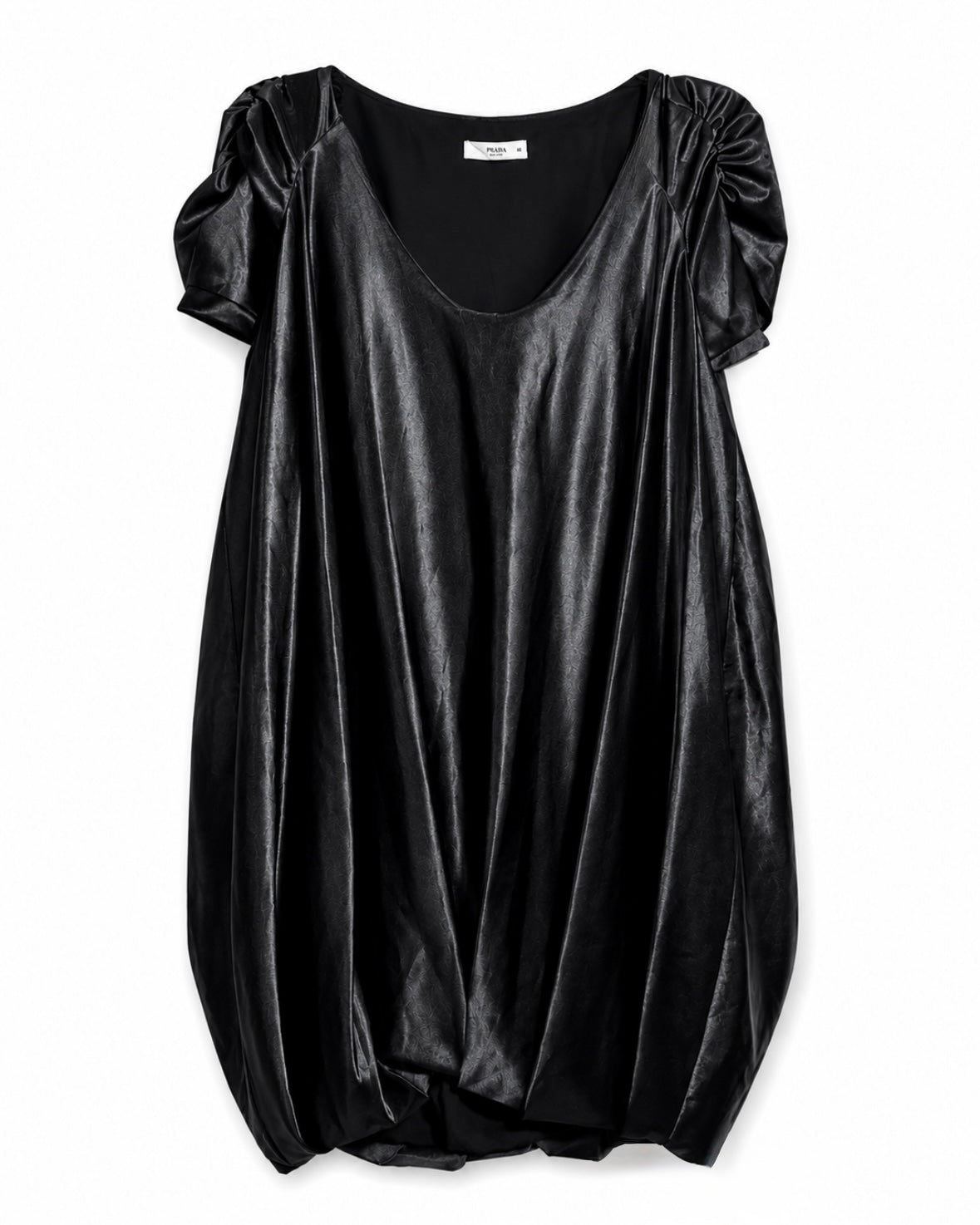 Black satin dress with puff sleeves on a white background