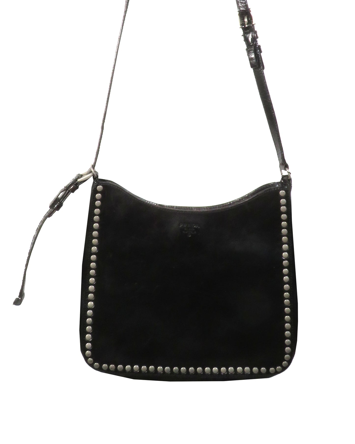 Black leather handbag with studs on a white background