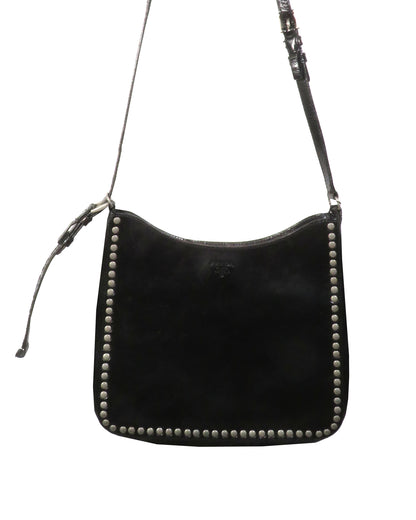 Black leather handbag with studs on a white background