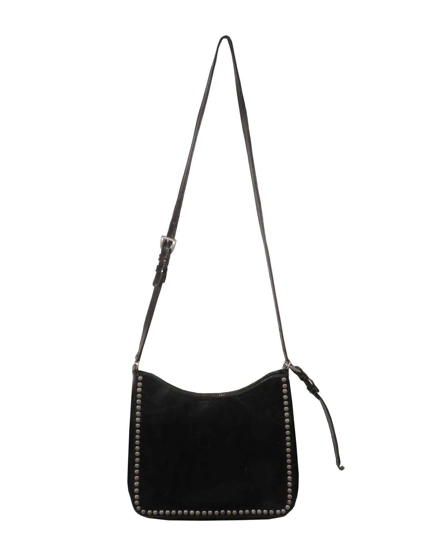 Black leather handbag with studded details on a white background