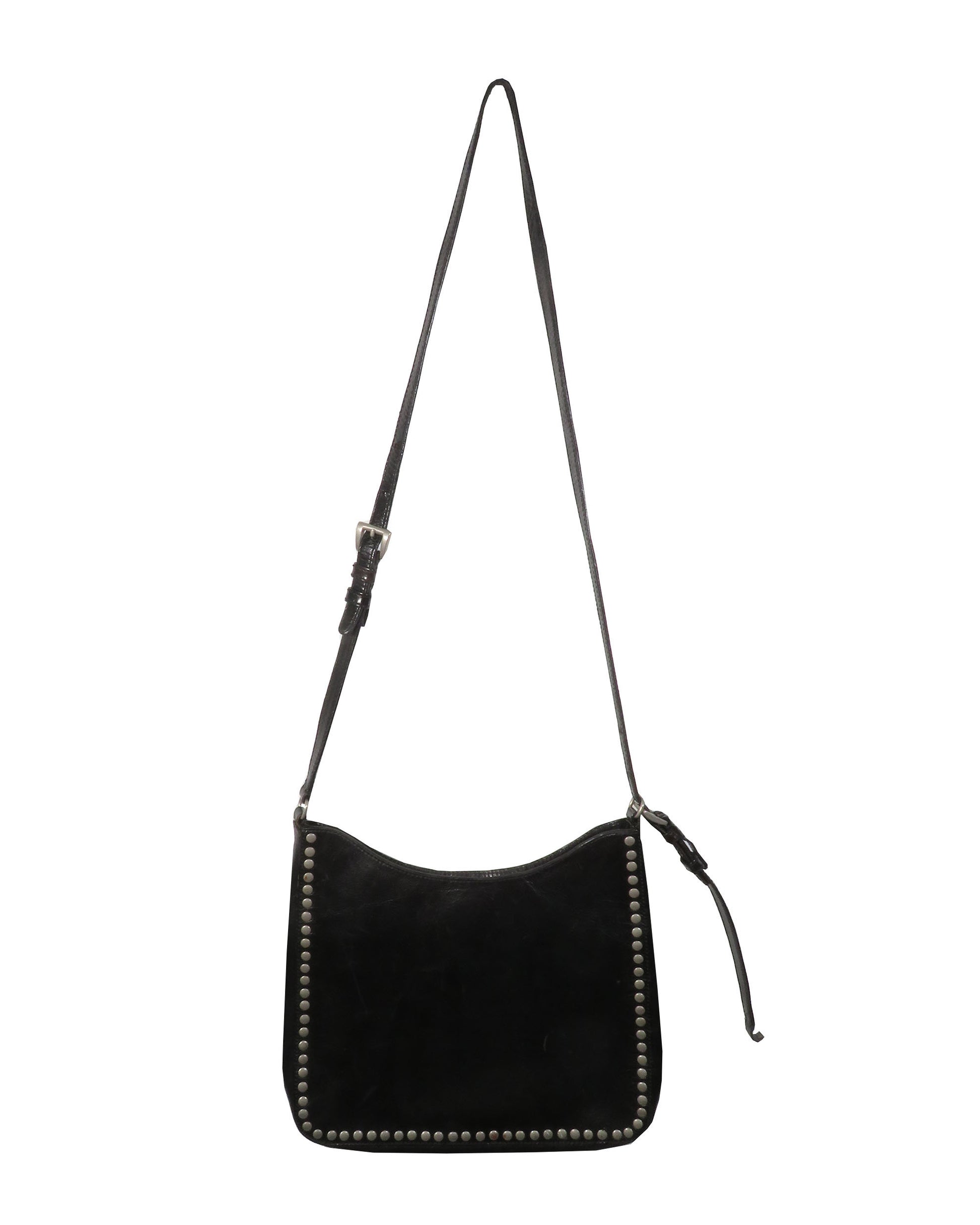 Black leather handbag with studded details on a white background