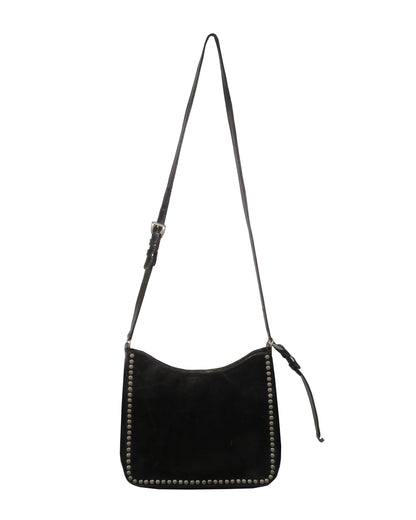 Black leather handbag with studded details on a white background