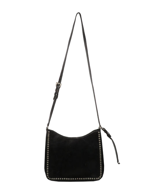 Black leather handbag with studded details on a white background
