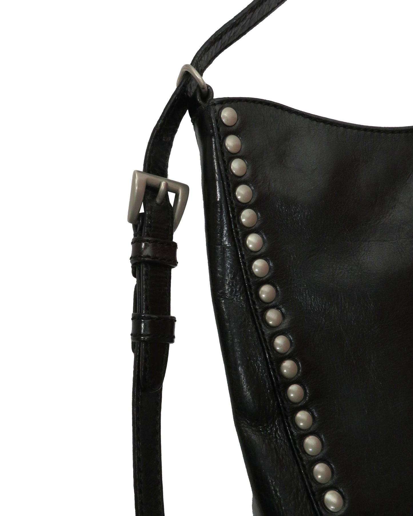 Black leather bag with studded details on a white background