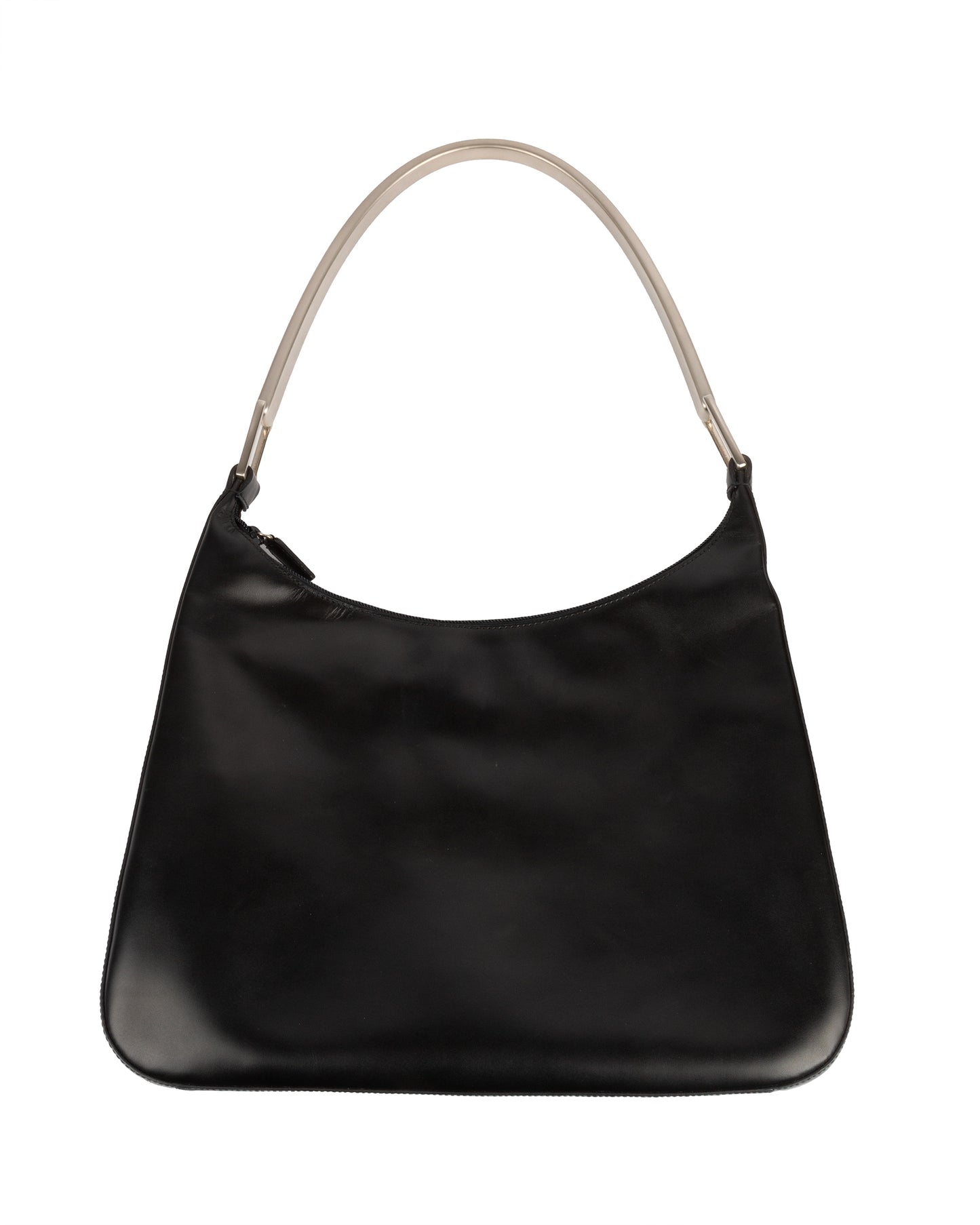 A black leather shoulder bag with a silver-tone metal handle, from Prada's Fall/Winter 1998 collection.