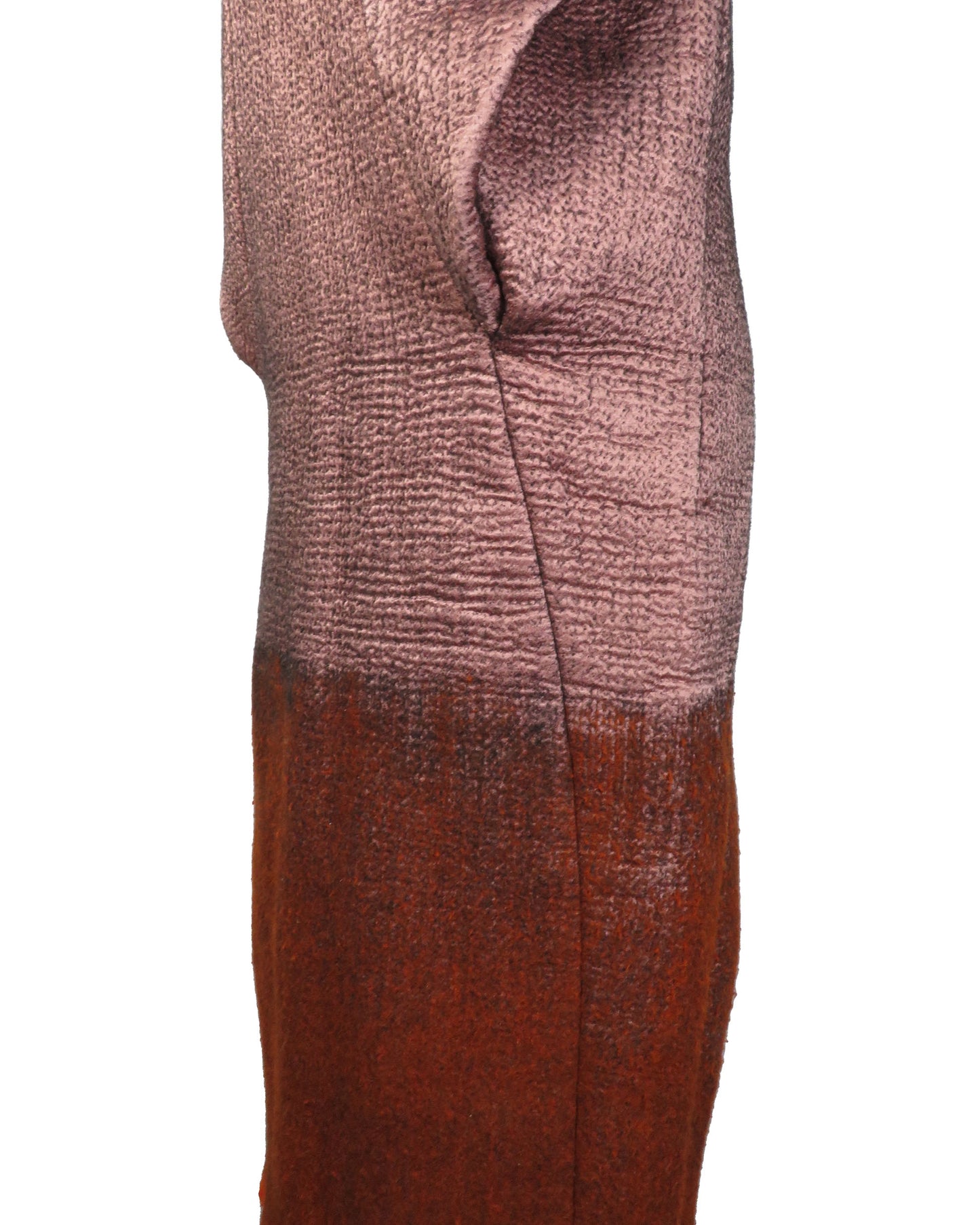 Textured fabric swatch with gradient color from pink to brown on a white background