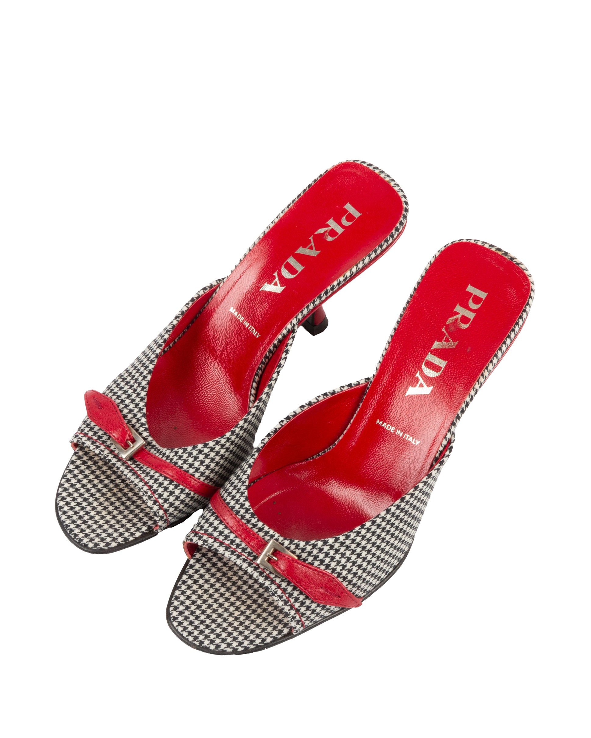 Prada Houndstooth Kitten Heel Mules - vothe archive - curated designer vintage
