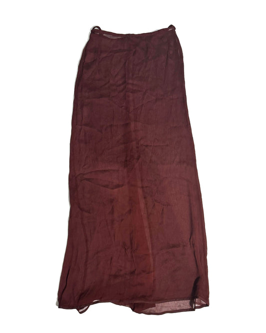 A dark brown, semi-sheer midi skirt with a crinkled texture, laid flat against a white background.