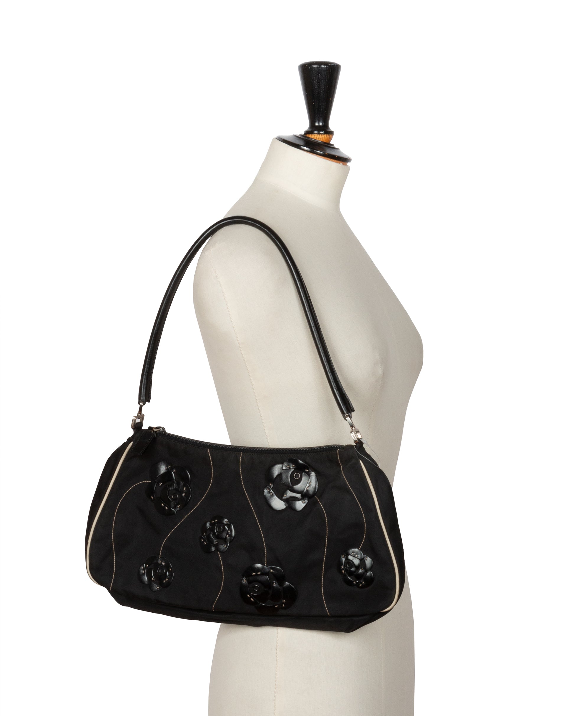 Prada SS2000 Black Floral Appliqué Shoulder Bag - vothe archive - curated designer vintage
