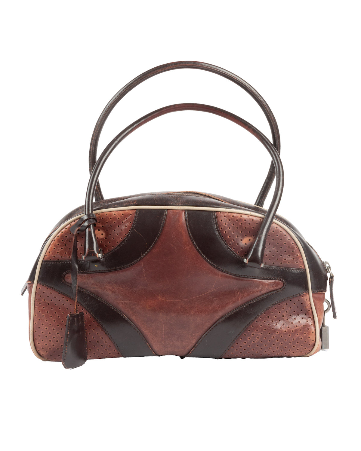 A vintage Prada brown and black leather bowling hand bag with dual top handles and contrasting black leather panels.