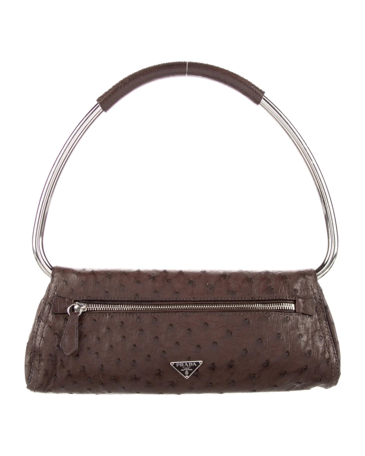 A brown ostrich leather handbag from Prada with a structured silhouette, a distinctive curved metal handle, silver-tone hardware, an exterior zip pocket, and a triangular Prada logo plaque.