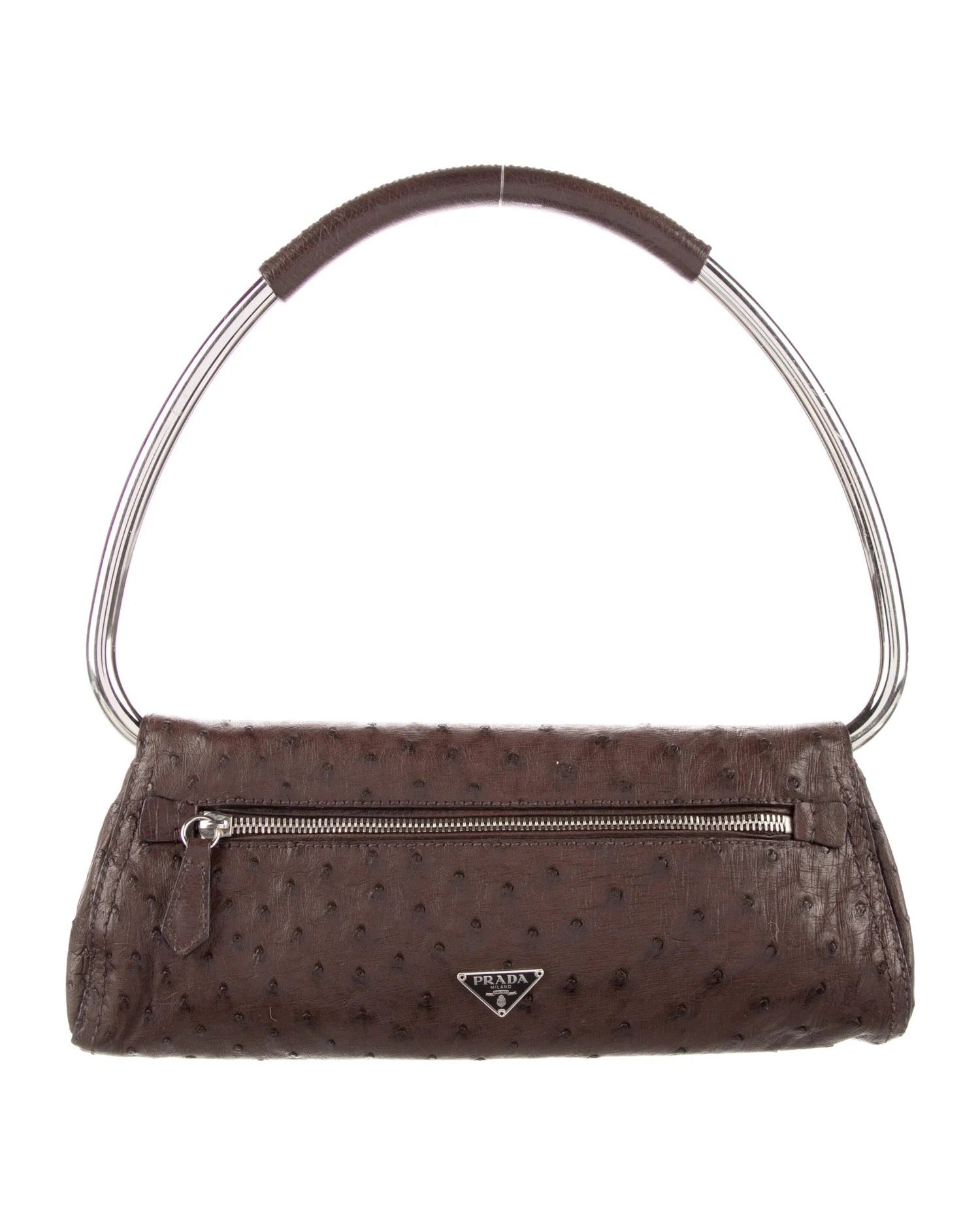 A brown ostrich leather handbag from Prada with a structured silhouette, a distinctive curved metal handle, silver-tone hardware, an exterior zip pocket, and a triangular Prada logo plaque.