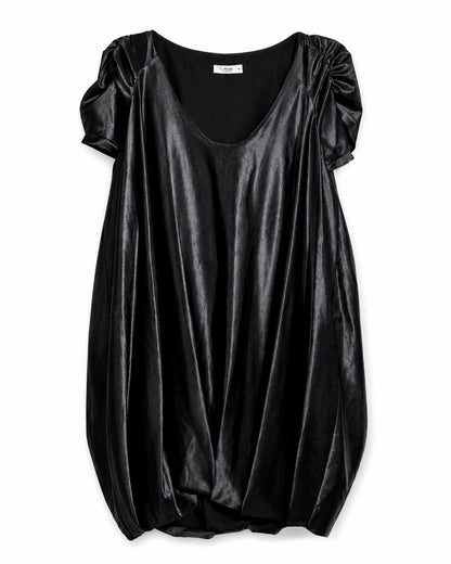 Black satin dress with puff sleeves on a white background