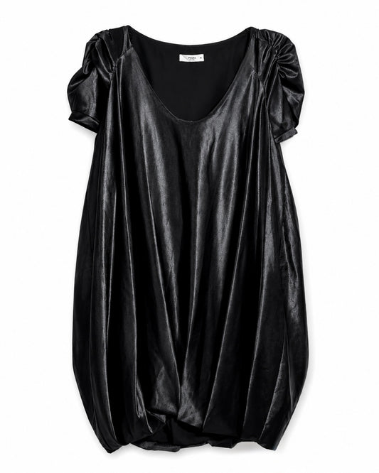 Black satin dress with puff sleeves on a white background