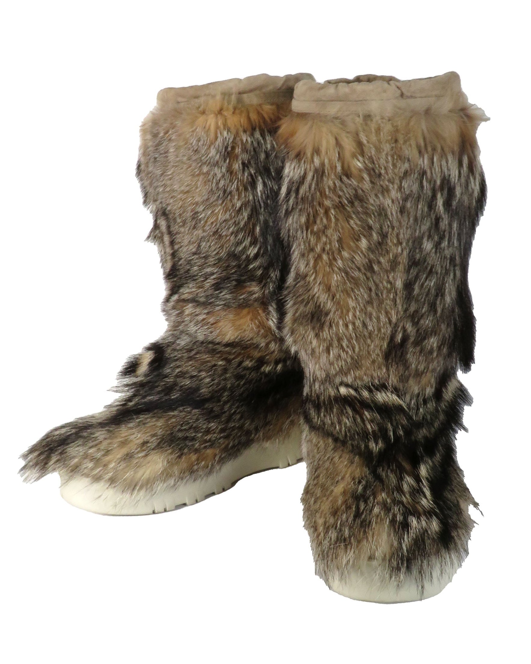 Fur boot with a white sole on a white background