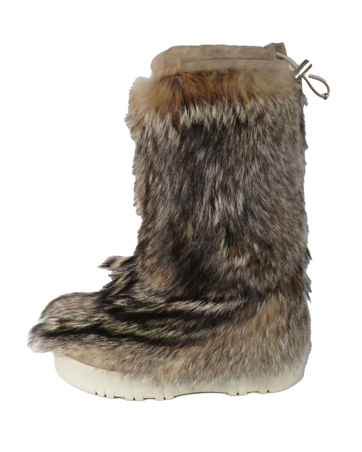 Fur boot with a white sole on a white background