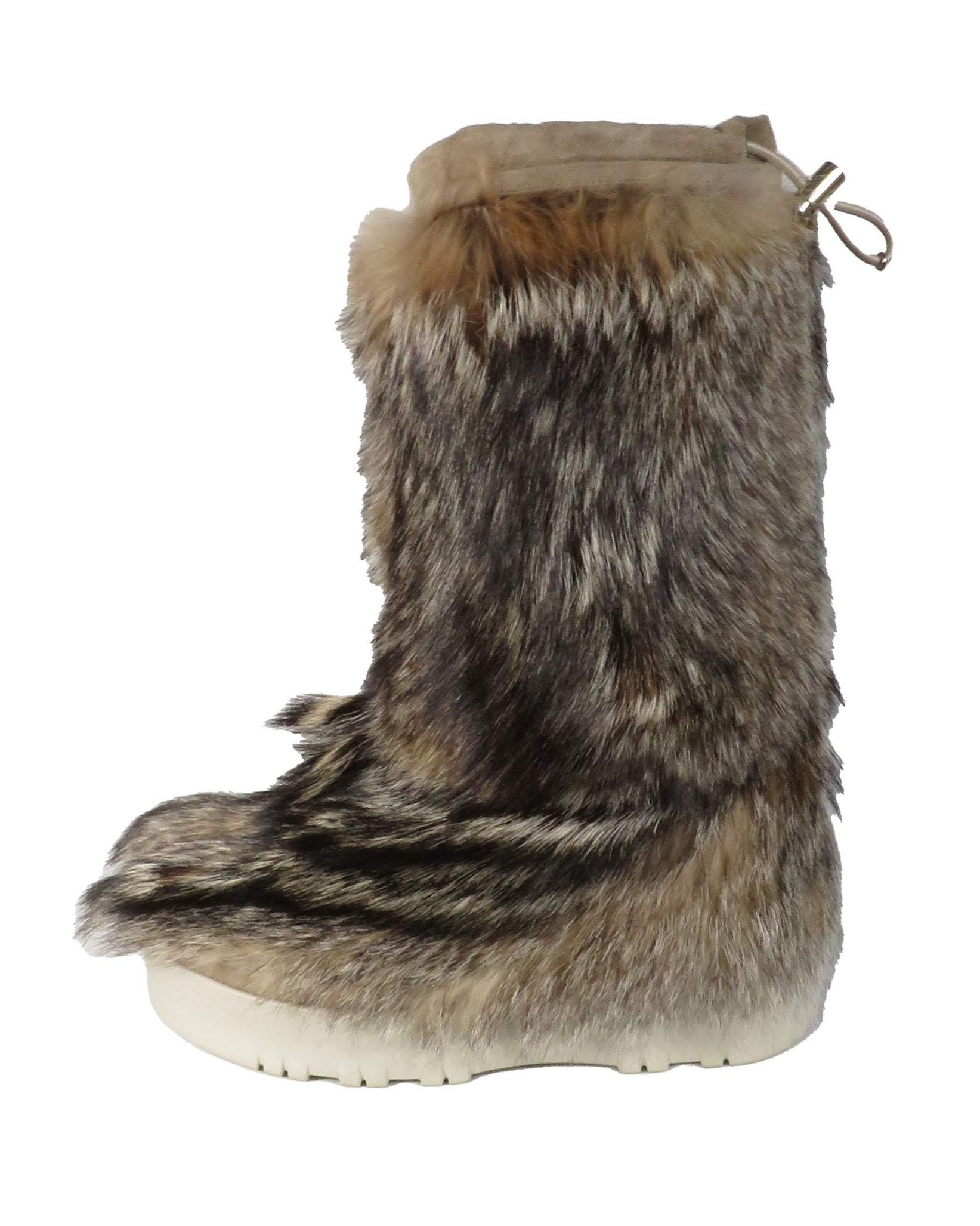 Fur boot with a white sole on a white background