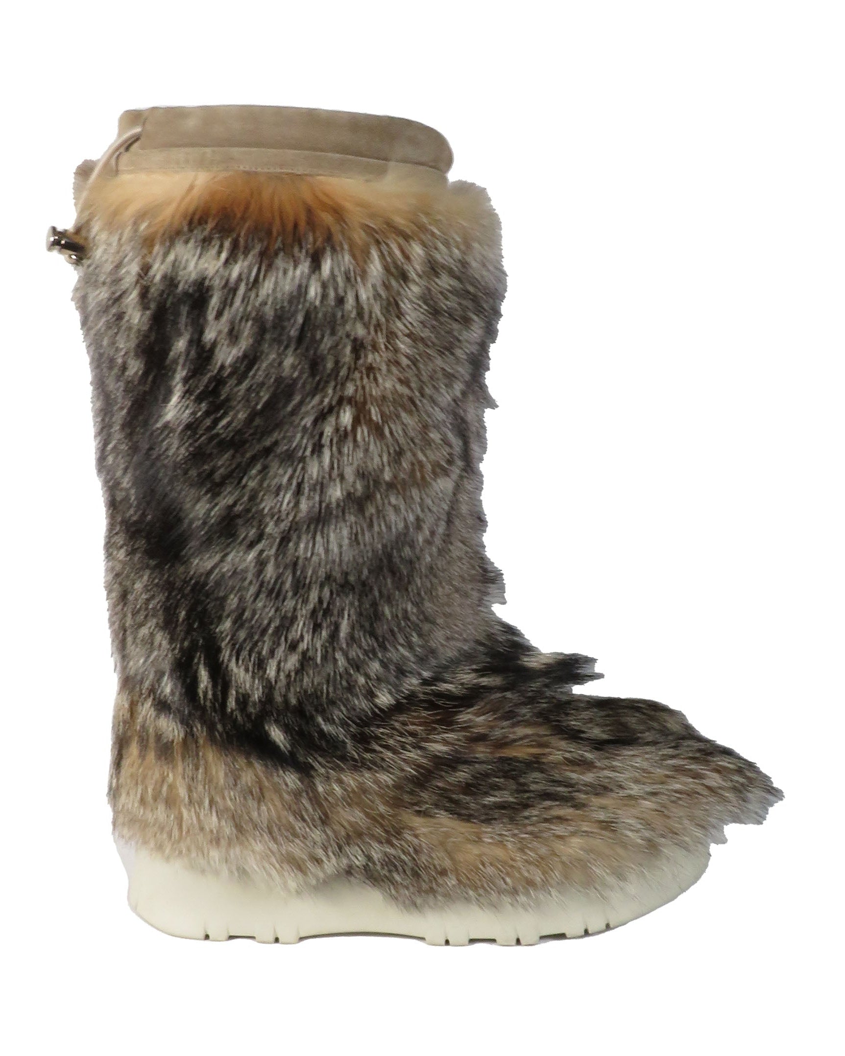 Fur boot with a white sole on a white background