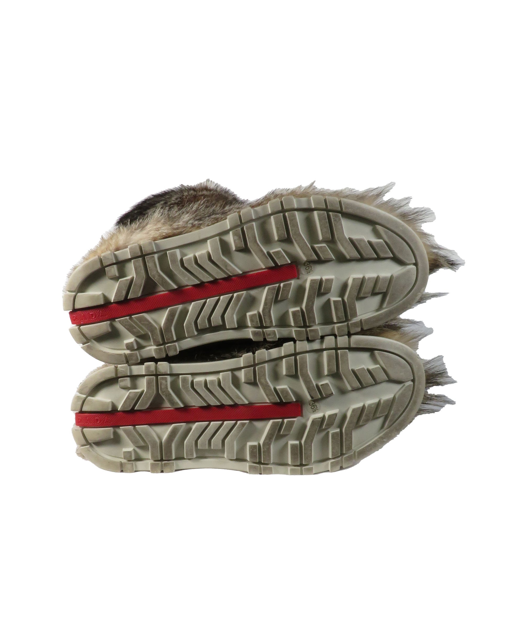 Close-up of a shoe sole with tread pattern and red stripe on a white background