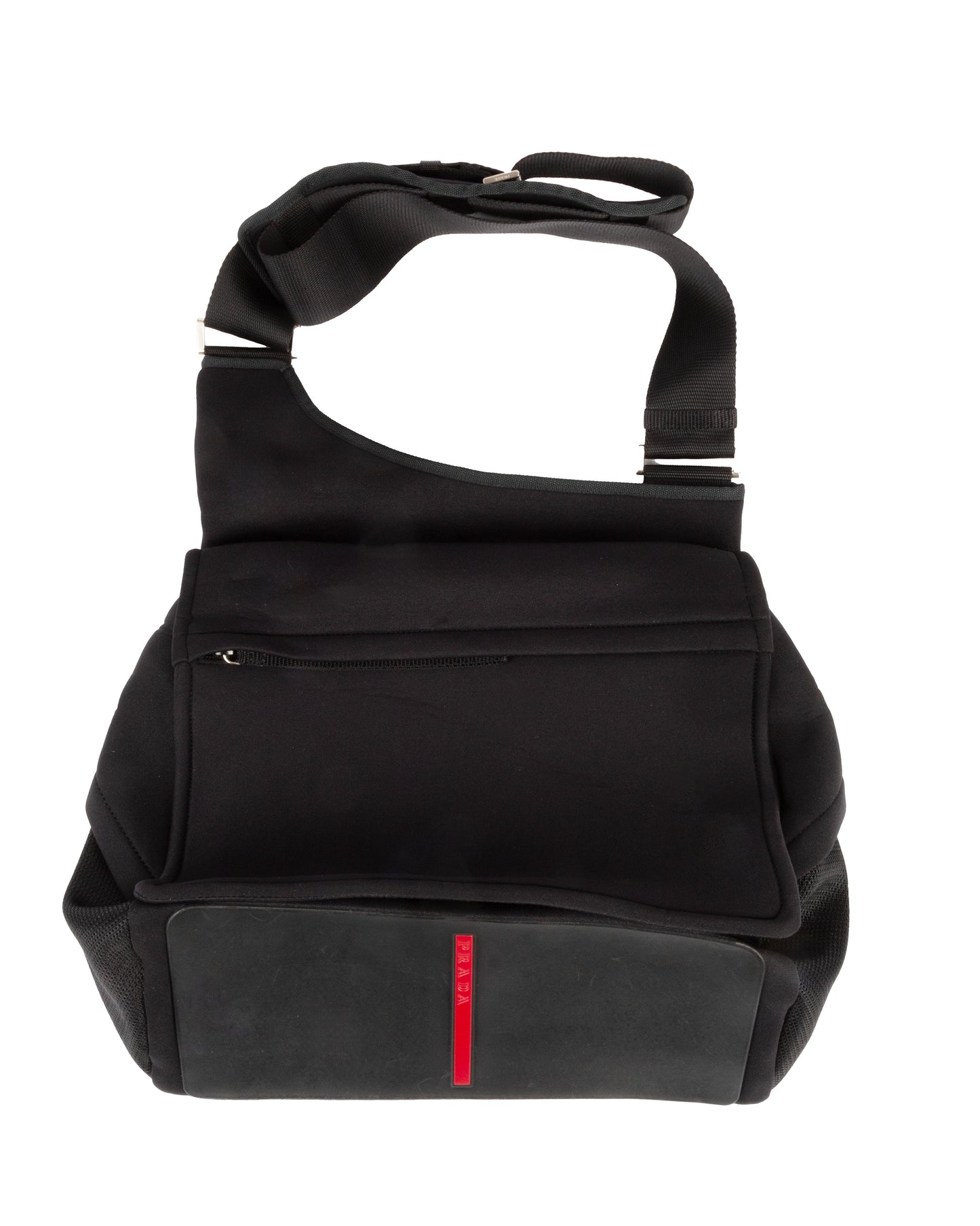 A black nylon shoulder bag with a red line detail on the front pocket and a rubber base.