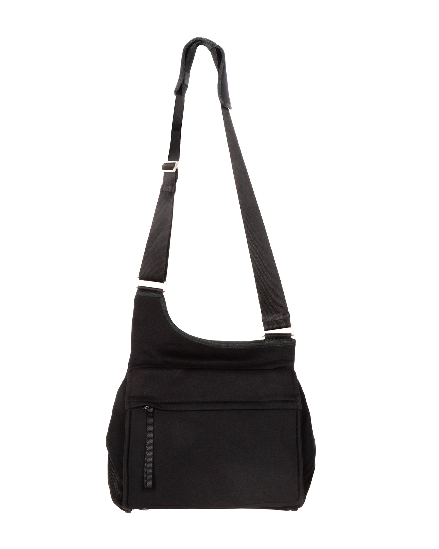 Black shoulder bag with strap on a white background