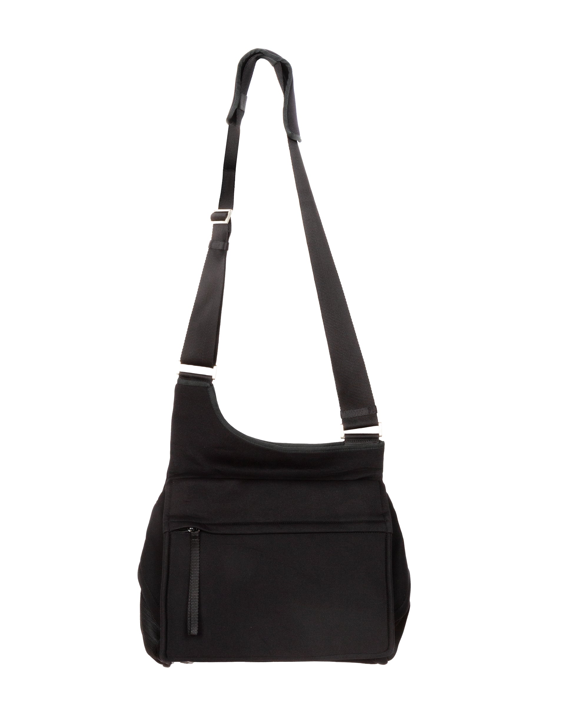 Black shoulder bag with strap on a white background