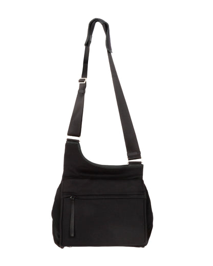 Black shoulder bag with strap on a white background