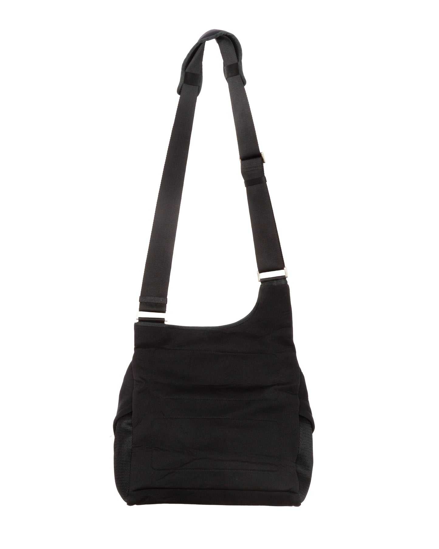 Black shoulder bag with strap on white background